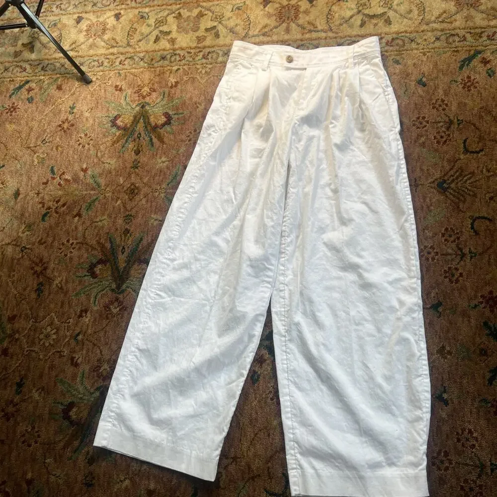 Banana Republic Linen Blend Pleated Wide Leg Pants White High Rise Coastal 6P